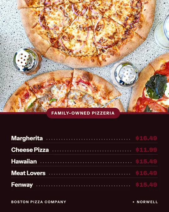 Menu board, made for Boston Pizza